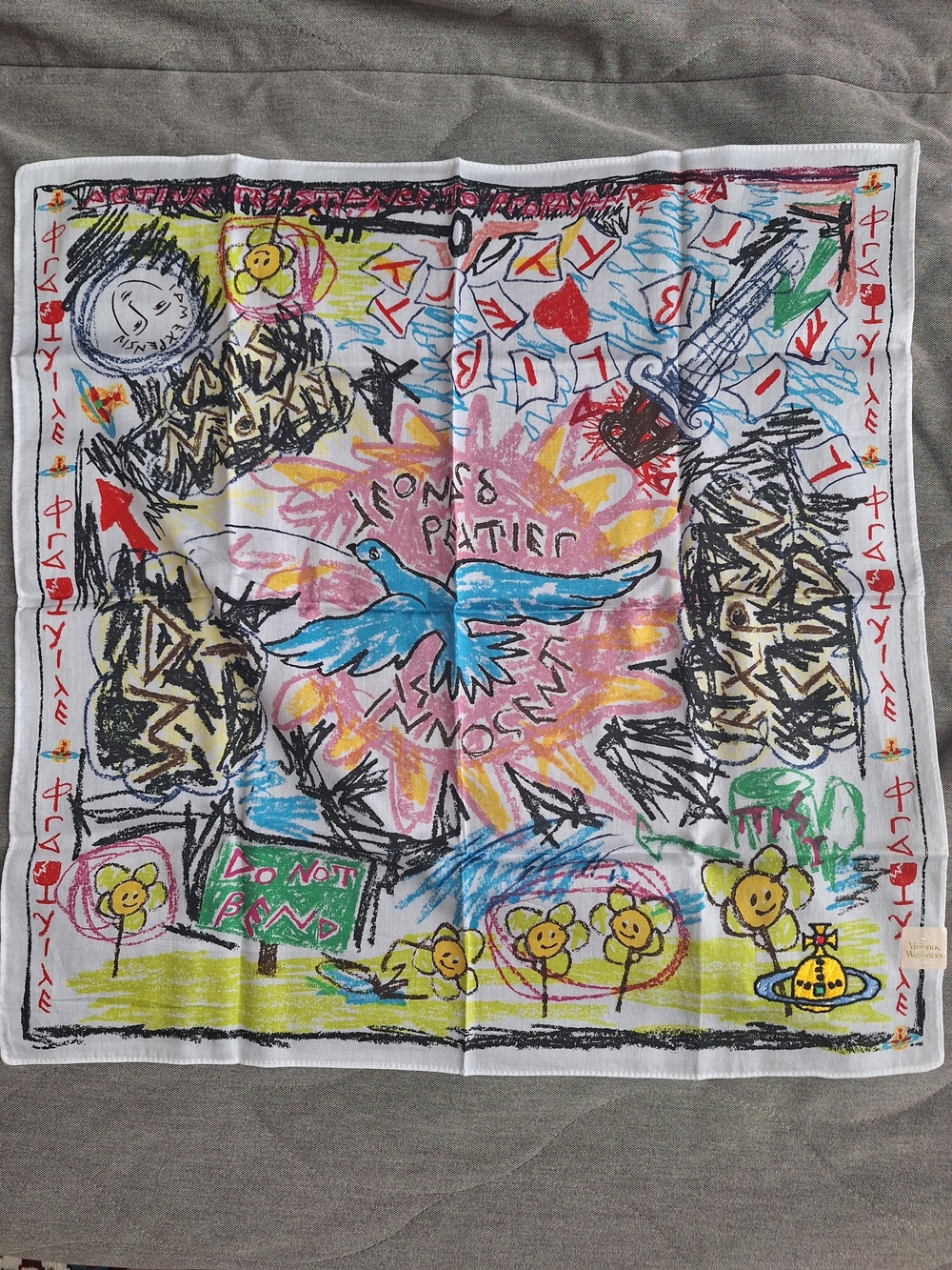 Vivienne Westwood White Silk Scarf with Yellow Orb and Blue Ring